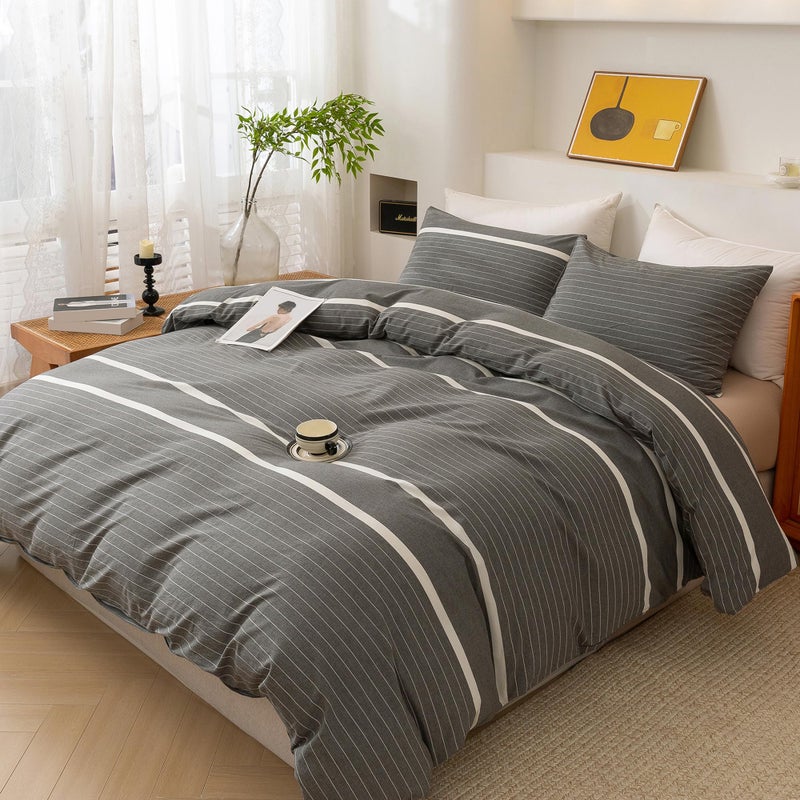 ECOCOTT 3 Pieces Duvet Cover Queen Size, 100% Washed Cotton 1 Duvet Cover with Zipper and 2 Pillowcases, Ultra Soft and Easy Care Breathable Cozy Simple Style Bedding Set(Grey Striped) - Image 4